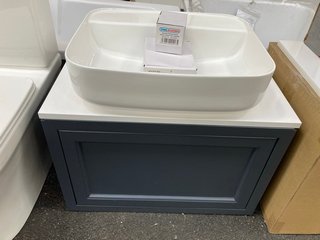 (COLLECTION ONLY) WALL HUNG 1 DRAWER COUNTER TOP SINK UNIT IN SLATE GREY & WHITE 670 X 400MM WITH A 1TH CERAMIC BASIN COMPLETE WITH A MONO BASIN MIXER TAP & CHROME SPRUNG WASTE - RRP £785: LOCATION -