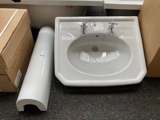 (COLLECTION ONLY) 650MM WIDE TRADITIONAL STYLED 2TH CERAMIC BASIN WITH FULL PEDESTAL WITH A PAIR OF TRADITIONAL CROSSHEAD PILLAR TAPS IN CHROME WITH PLUG AND CHAIN WASTE RRP £465: LOCATION - A1