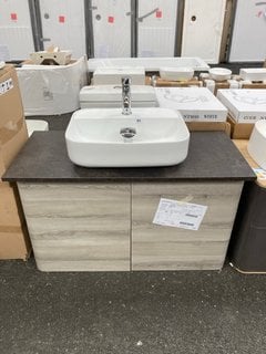 (COLLECTION ONLY) VITRA NEST WALL HUNG 2 DOOR COUNTER TOP SINK UNIT IN GREY OAK & MOCCA 1000 X 460MM WITH A 1TH CERAMIC BASIN COMPLETE WITH A MONO BASIN MIXER TAP & CHROME SPRUNG WASTE - RRP £1198: L