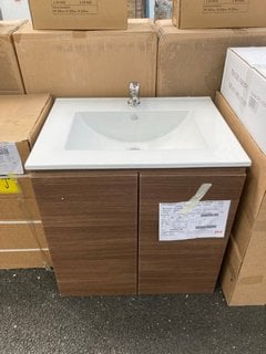 (COLLECTION ONLY) VITRA ECORA 2 DOOR VANITY UNIT IN OAK WITH A 610 X 470MM 1TH CERAMIC BASIN COMPLETE WITH A MONO BASIN MIXER TAP & CHROME SPRUNG WASTE - RRP £1115: LOCATION - A2