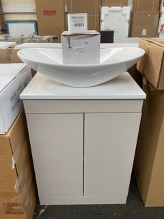 (COLLECTION ONLY) FLOOR STANDING 2 DOOR COUNTER TOP SINK UNIT IN CASHMERE & WHITE 550 X 380MM WITH A CERAMIC VESSEL BASIN COMPLETE WITH A WALL MOUNTED BASIN MIXER IN CHROME WITH SPRUNG WASTE - RRP £7