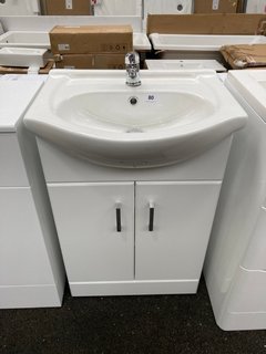 (COLLECTION ONLY) FLOOR STANDING 2 DOOR SEMI RECESSED SINK UNIT IN WHITE WITH A 550 X 440MM 1TH CERAMIC BASIN COMPLETE WITH A MONO BASIN MIXER TAP & CHROME SPRUNG WASTE - RRP £735: LOCATION - A3