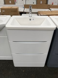 (COLLECTION ONLY) FLOOR STANDING 2 DRAWER SINK UNIT IN WHITE WITH A 605 X 450MM 1TH POLYMARBLE BASIN COMPLETE WITH A MONO BASIN MIXER TAP & CHROME SPRUNG WASTE - RRP £765: LOCATION - A3