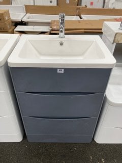 (COLLECTION ONLY) FLOOR STANDING 2 DRAWER SINK UNIT IN LIGHT GLOSS GREY WITH A 605 X 450MM 1TH POLYMARBLE BASIN COMPLETE WITH A MONO BASIN MIXER TAP & CHROME SPRUNG WASTE - RRP £765: LOCATION - A3