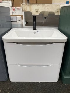 (COLLECTION ONLY) WALL HUNG 2 DRAWER SINK UNIT IN WHITE WITH A 610 X 460MM 1TH CERAMIC BASIN COMPLETE WITH A BLACK MONO BASIN MIXER TAP & SPRUNG WASTE - RRP £740: LOCATION - A3