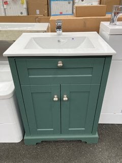 (COLLECTION ONLY) FLOOR STANDING 2 DOOR OLD LONDON STYLE SINK UNIT IN FIR GREEN WITH A 615 X 470MM 1TH CERAMIC BASIN COMPLETE WITH A WATERFALL SPOUT MONO BASIN MIXER TAP & CHROME SPRUNG WASTE - RRP £