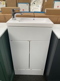 (COLLECTION ONLY) FLOOR STANDING 2 DOOR CLOSET SINK UNIT IN WHITE WITH A 505 X 260MM STH POLYMARBLE BASIN COMPLETE WITH A MONO BASIN MIXER TAP & CHROME SPRUNG WASTE - RRP £695: LOCATION - A3