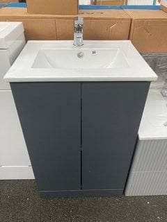 (COLLECTION ONLY) FLOOR STANDING 2 DOOR SINK UNIT IN MATT ANTHRACITE WITH A 520 X 410MM 1TH CERAMIC BASIN COMPLETE WITH A MONO BASIN MIXER TAP & CHROME SPRUNG WASTE - RRP £705: LOCATION - A3