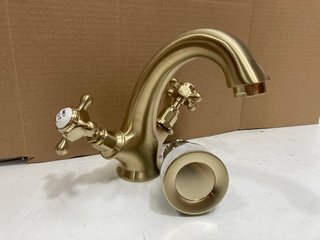 TRADITIONAL CROSSHEAD MONO BASIN MIXER TAP IN BRUSHED BRASS WITH POP UP WASTE - RRP £265: LOCATION - R3