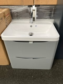 (COLLECTION ONLY) WALL HUNG 2 DRAWER SINK UNIT IN LIGHT GREY WITH A 600 X 460MM 1TH POLYMARBLE BASIN COMPLETE WITH A MONO BASIN MIXER TAP & CHROME SPRUNG WASTE - RRP £755: LOCATION - A4