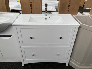 (COLLECTION ONLY) FLOOR STANDING 2 DRAWER SINK UNIT IN WHITE WITH A 815 X 400MM 1TH CERAMIC BASIN COMPLETE WITH A MONO BASIN MIXER TAP & CHROME SPRUNG WASTE - RRP £820: LOCATION - A4