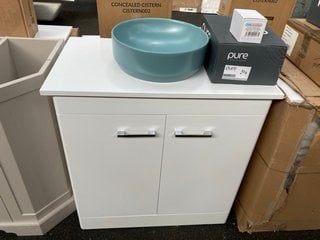 (COLLECTION ONLY) FLOOR STANDING 2 DOOR COUNTER TOP SINK UNIT IN WHITE 800 X 460MM WITH A ROUND CERAMIC VESSEL BASIN IN SEAGRASS COMPLETE WITH A WALL MOUNTED BASIN MIXER & SPRUNG WASTE - RRP £835: LO