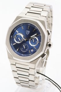 MEN'S DESCHAMPS & CO CHRONOGRAPH WATCH. FEATURING A BLUE DIAL, SILVER COLOURED BEZEL, SUB DIALS WITH DATE, W/R 5ATM. STAINLESS BRACELET. COMES WITH A WOODEN PRESENTATION CASE: LOCATION - A1