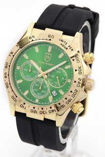 MEN'S FRANK SCHMIDT WATCH. FEATURING A GREEN MULTI FUNCTION DIAL, GOLD COLOURED BEZEL AND CASE, DATE, W/R 3ATM. BLACK RUBBER STRAP. COMES WITH A PRESENTATION CASE: LOCATION - A1