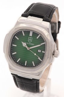 MEN'S FRANK SCHMIDT AMBASSADOR WATCH. FEATURING A GREEN TEXTURED DIAL, SILVER COLOURED BEZEL AND CASE, DATE, W/R 3ATM. BLACK LEATHER STRAP. COMES WITH A PRESENTATION CASE: LOCATION - A1