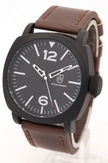 MEN'S FRANK SCHMIDT WATCH. FEATURING A BLACK DIAL, BLACK BEZEL AND CASE, W/R 3ATM. BROWN LEATHER STRAP. COMES WITH A PRESENTATION CASE: LOCATION - A1