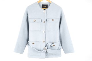 MAJE GIFATA BELTED SHORT COAT IN SKY BLUE - SIZE UK8 - RRP £459: LOCATION - BOOTH