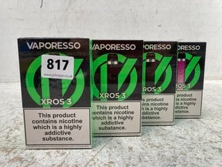 4 X VAPORESSO XROS 3 POD VAPE KITS (PLEASE NOTE: 18+YEARS ONLY. ID MAY BE REQUIRED): LOCATION - B13