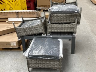 4 X RATTAN FOOTSTOOLS IN LIGHT GREY TO INCLUDE MAZE METAL COFFEE TABLE IN GREY: LOCATION - A2