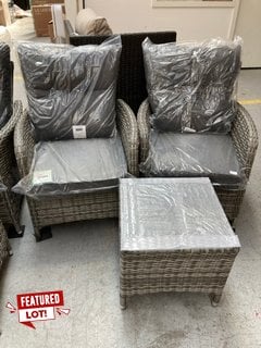 2 X RATTAN RECLINER CHAIRS WITH SMALL GLASS TOP COFFEE TABLE IN GREY: LOCATION - A1