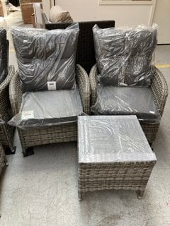 2 X RATTAN RECLINER CHAIRS WITH SMALL GLASS TOP COFFEE TABLE IN GREY: LOCATION - A1