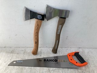 (COLLECTION ONLY) 3 X OUTDOOR TOOLS TO INCLUDE ROUGHNECK AMERICAN HICKORY AXE (PLEASE NOTE: 18+YEARS ONLY. ID MAY BE REQUIRED): LOCATION - AR11