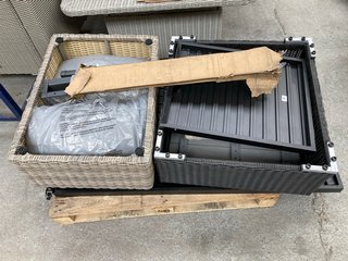 PALLET OF ASSORTED INCOMPLETE ITEMS TO INCLUDE MODA FURNISHINGS RATTAN FOOTSTOOL IN DARK GREY: LOCATION - B4 (KERBSIDE PALLET DELIVERY)