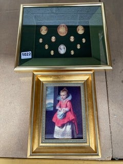 A FRAMED AND GLAZED DISPLAY OF CAMEOS AND A BROOKPACE INFANTA PRINT: LOCATION - BR10