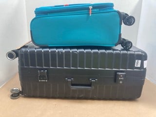 JOHN LEWIS & PARTNERS 4 WHEELED WITH PIN LOCK LARGE SUITCASE IN BLACK TO INCLUDE AMERICAN CABIN SIZE SUITCASE IN STONE TEAL: LOCATION - AR1