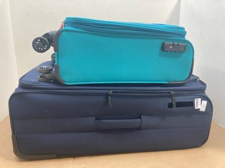 JOHN LEWIS & PARTNERS 4 WHEELED WITH FABRIC LARGE SUITCASE IN NAVY TO INCLUDE AMERICAN CABIN SIZE SUITCASE IN STONE TEAL: LOCATION - AR1