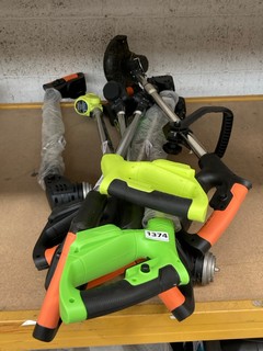 8 X ASSORTED CORDLESS GRASS STRIMMERS TO INCLUDE VOERJIA CORDLESS GRASS STRIMMER IN GREEN: LOCATION - BR3