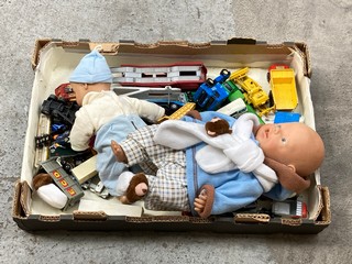 LG QTY OF VINTAGE DIE CAST TOYS AND TWO DOLLS: LOCATION - BR11