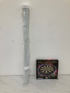 WALL MOUNTED MANUAL VIEWING SCREEN IN WHITE TO INCLUDE UNICORN ECLIPSE PRO DARTBOARD: LOCATION - AR9