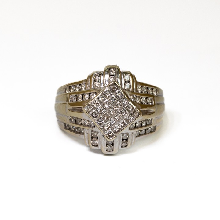 14ct White Gold 0.94ct Diamond Fancy Cluster Ring, Size M, 7.5g.  Auction Guide: £400-£500 (VAT Only Payable on Buyers Premium)