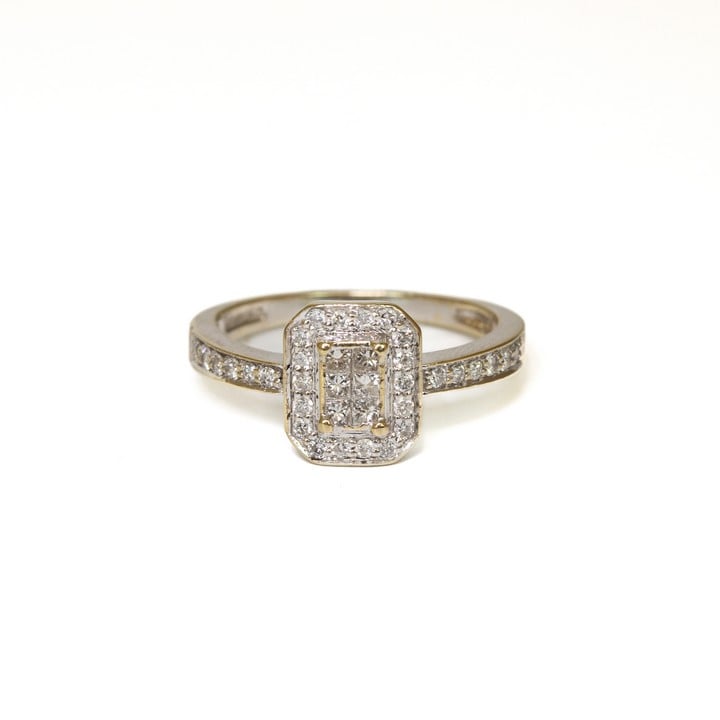 18ct White Gold 0.50ct Diamond Cluster with Diamond Pavé Halo and Shoulders Ring, Size Q, 4.5g.  Auction Guide: £300-£400 (VAT Only Payable on Buyers Premium)