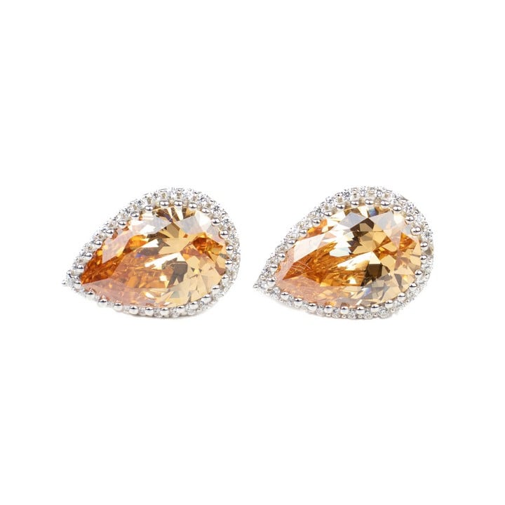 Silver Orange Pear Faceted Stone with Clear Stone Pavé Halo Stud Earrings, 1.5x1.1cm, 5.4g