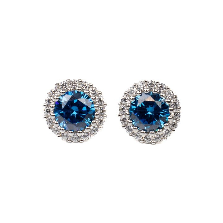 Silver Blue Round Faceted Stone with Clear Stone Pavé Surround Stud Earrings, 1.1cm, 4.3g