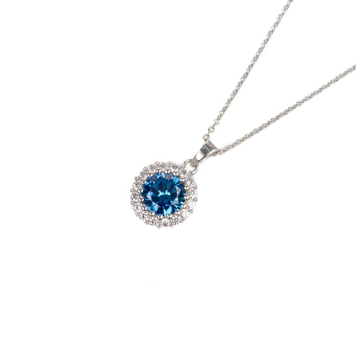 Silver Blue Round Faceted Stone with Clear Stone Pavé Surround Pendant, 1.1cm and Chain, 45cm, 3.1g