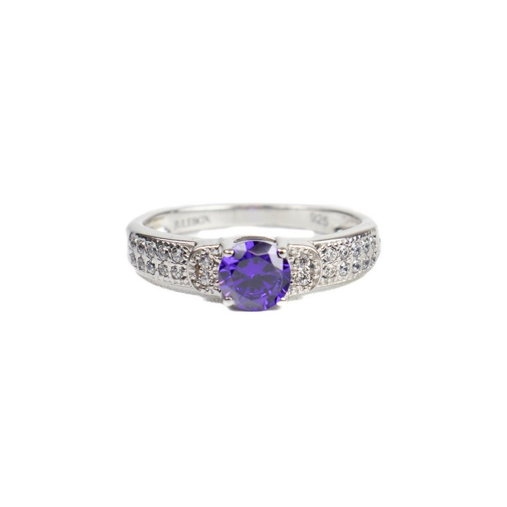 Silver Purple Round Faceted Stone with Clear Stone Pavé Shoulders Band Ring, Size K, 1.8g