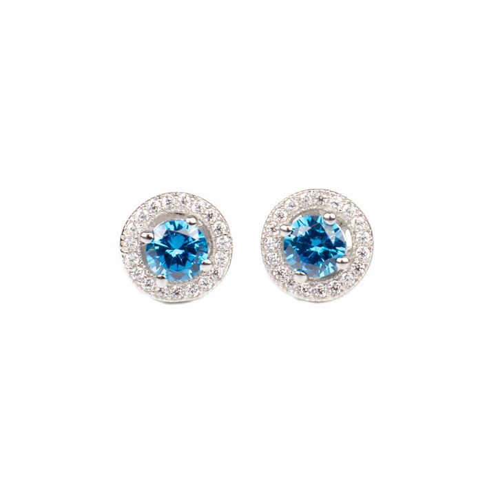 Silver Blue Round Faceted Stone with Clear Stone Halo Stud Earrings, 1cm, 2.8g