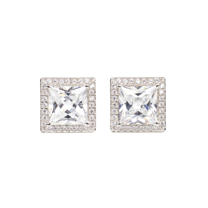 Silver Clear Square Faceted Stone with Clear Stone Pavé Halo Stud Earrings, 1.2cm, 4.8g