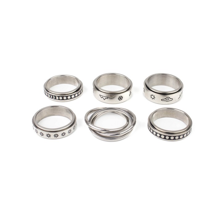 Selection of Six Metal Patterned Spinner Band Rings, Size P½, total weight 31.2g (VAT Only Payable on Buyers Premium)