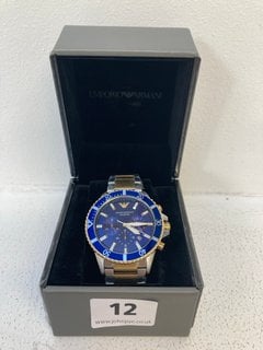 EMPORIO ARMANI 100M 4 DIAL BLUE FACE WITH STAINLESS STEEL STRAP WATCH IN GOLD RRP - £149: LOCATION - WHITE BOOTH