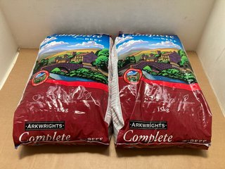 2 X ARKWRIGHTS COMPLETE WITH BEEF DRIED DOG FOOD PACKS 15KG BB: 07/25: LOCATION - A6