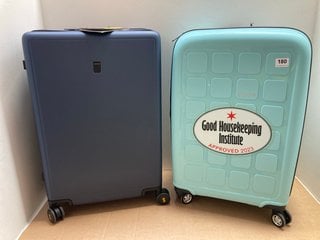 2 X ASSORTED TRIPP AND LEVEL 8 MEDIUM SIZED HARDSHELL TRAVEL SUITCASES IN LIGHT BLUE AND NAVY: LOCATION - A8