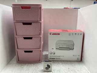 4 TIER PLASTIC TIERED STORAGE UNIT IN PINK TO INCLUDE OPEN BLUETOOTH HEADSET , CANON PIXMA TS5151 WIRELESS PRINTER: LOCATION - A9