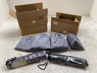 QTY OF MOUNTAIN WAREHOUSE EASY INFLATE FLEECE NECK PILLOWS TO ALSO INCLUDE QTY OF UMBRELLAS IN PURPLE/BLACK: LOCATION - A9