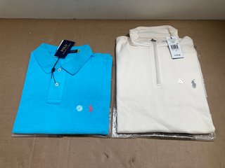 2 X ASSORTED RALPH LAUREN CORE REPLEN AND CLASSICS QUARTER ZIP PULLOVER AND POLO SHIRT IN WHITE AND LIGHT BLUE SIZE: L AND XL: LOCATION - A11