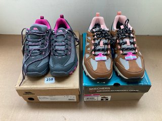 TRESPASS SCREE B LACE UP WALKING BOOTS IN GREY AND PINK SIZE: 6 TO INCLUDE SKECHERS OUTDOOR WEST HIGHLAND WALKING BOOTS IN BROWN SIZE: 6: LOCATION - A13