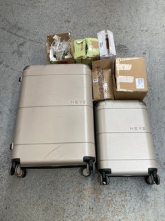 QTY OF GENERAL ITEMS TO INCLUDE HEYS WHEELED HARD SHELL SUITCASES IN BEIGE - SMALL AND LARGE: LOCATION - C3